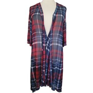 Torrid Plaid Kimono Size 1/2 Red Blue  Sheer Chiffon Open Front Cardigan